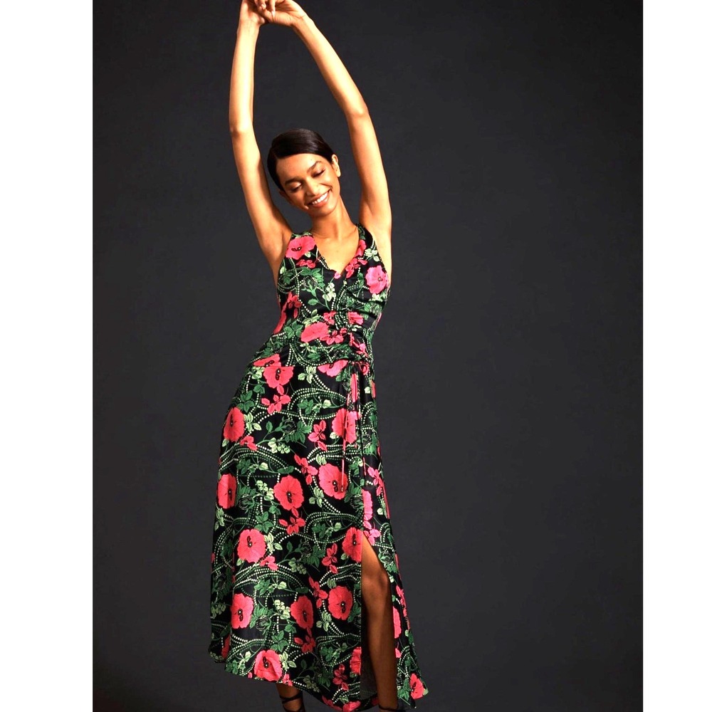 Maeve by Anthropologie Women's Ruched Midi Black Floral Dress Holiday NYE Sz 14